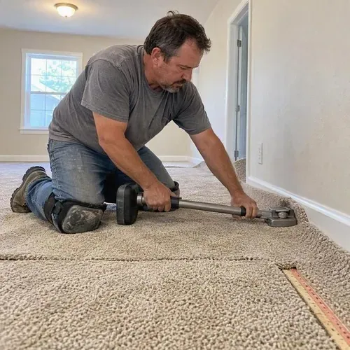 Installer stretching carpet with knee kicker toward wall during carpet installation