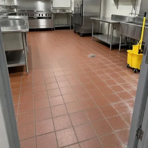 New anti-slip quarry tile in commercial kitchen after commercial flooring installation
