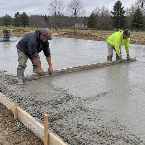 Workers screeding wet concrete slab with board during concrete floor installation