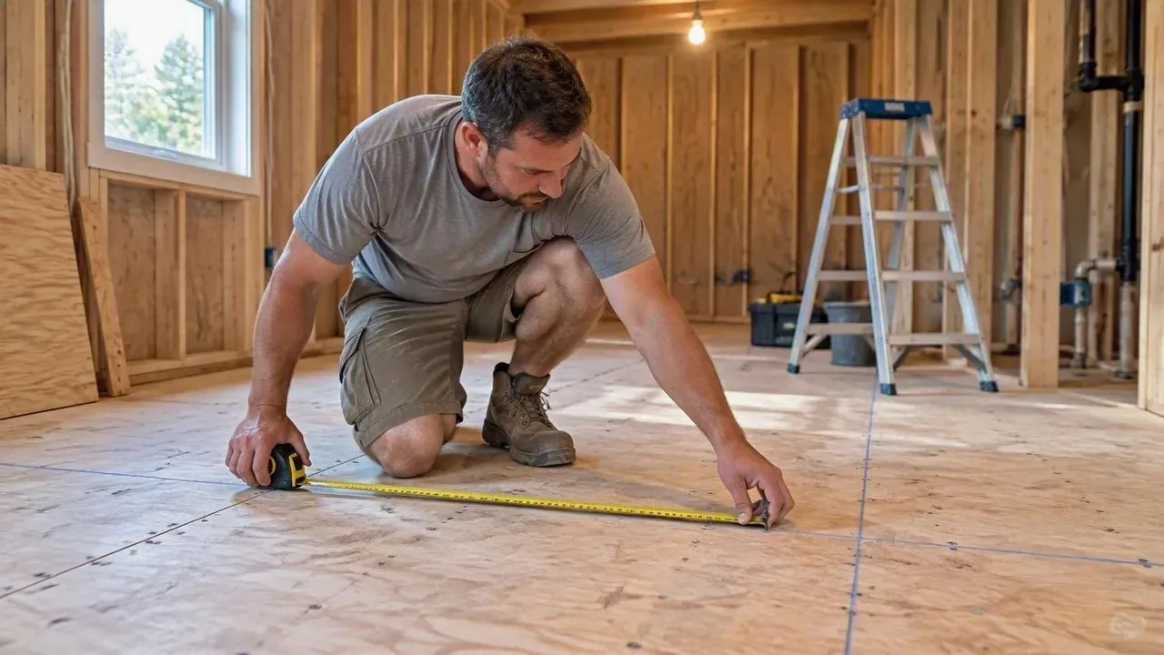 Contractor measuring plywood subfloor with tape measure during flooring installation