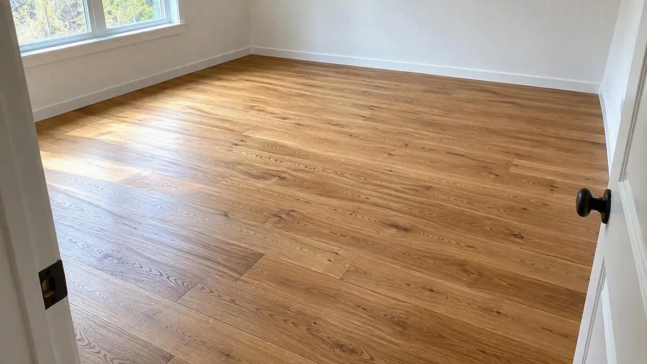 Freshly installed oak hardwood floor in empty room after flooring installation