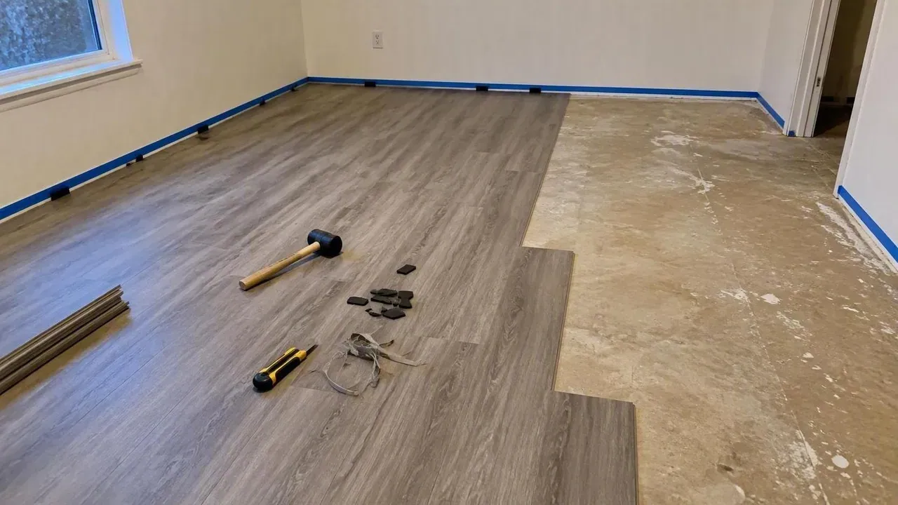 Half-finished vinyl plank floor with installation tools during flooring installation