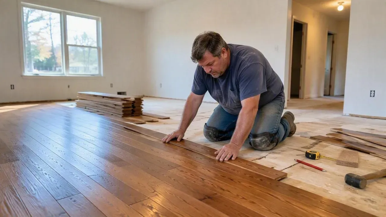 Installer kneeling while laying hardwood planks in living room during flooring installation