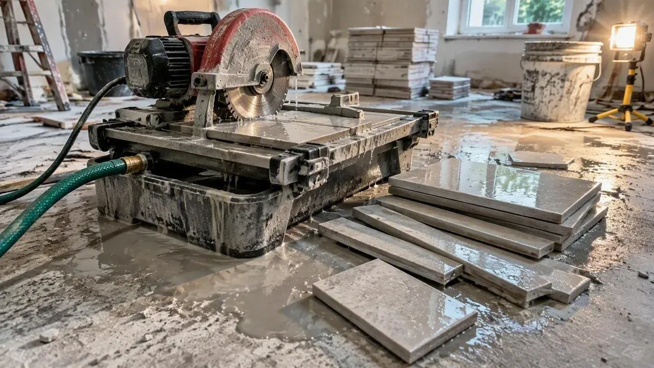 Wet tile saw with cut porcelain pieces during flooring installation