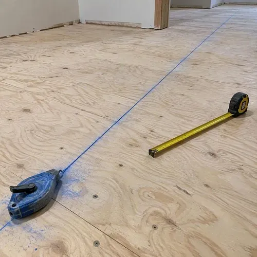 Chalk line snapped for first hardwood row during hardwood floor installation