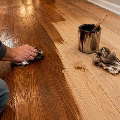 Stain wiped onto freshly sanded oak floor during hardwood floor sanding and refinishing