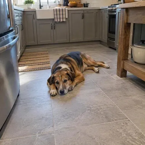 Dog resting on heated porcelain kitchen floor after radiant heated floor installation